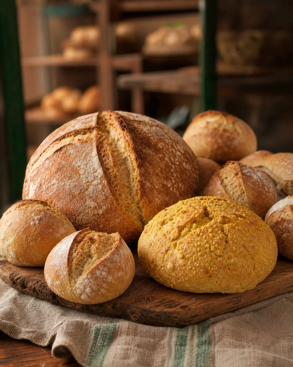 Seleção de pães artesanais e broa de milho